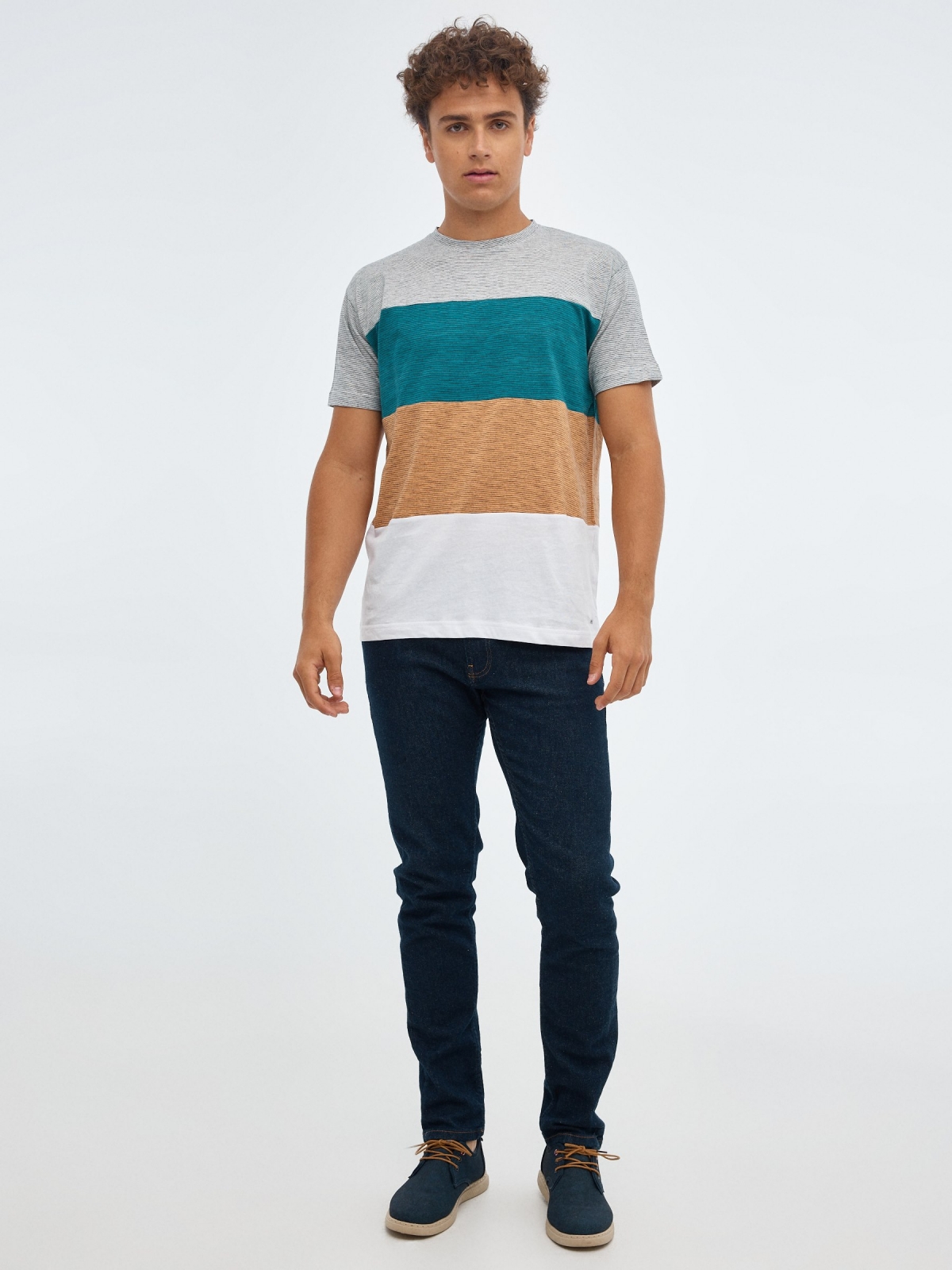 Block coloured striped T-shirt grey front view