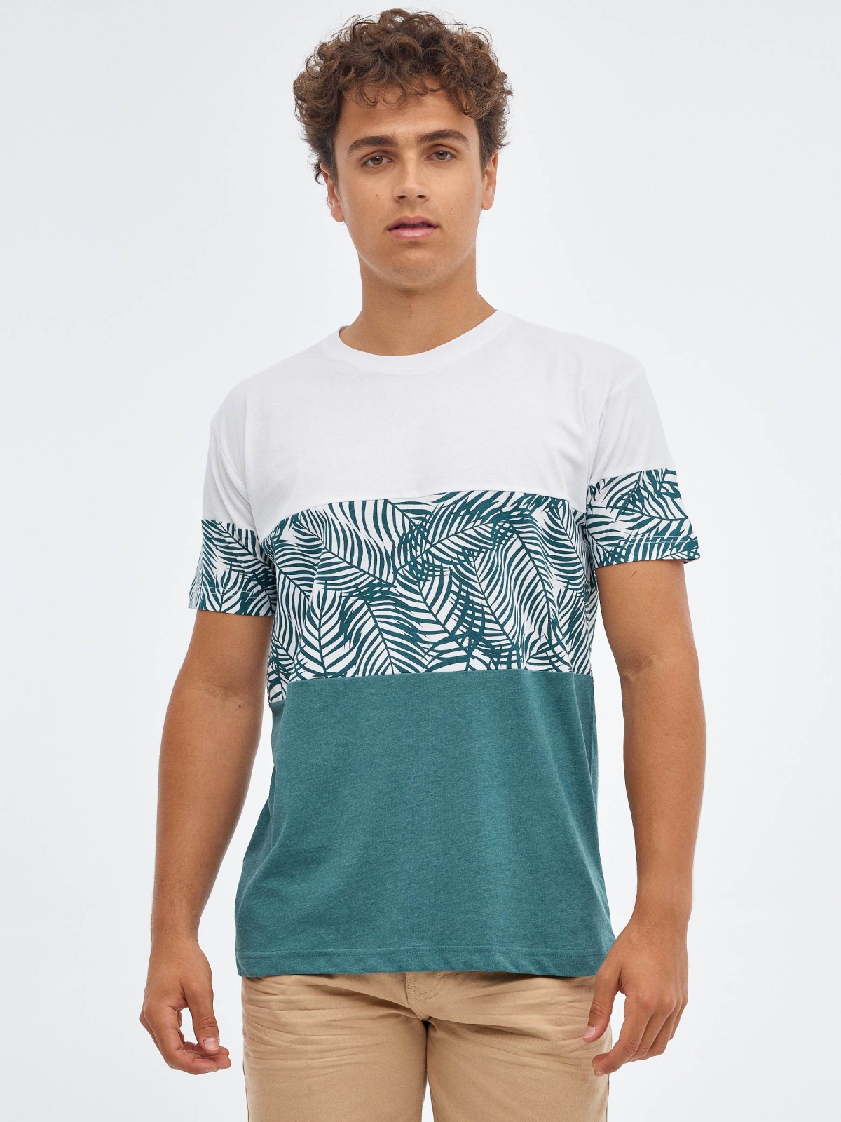 T-shirt color block tropical verde vista meia frontal