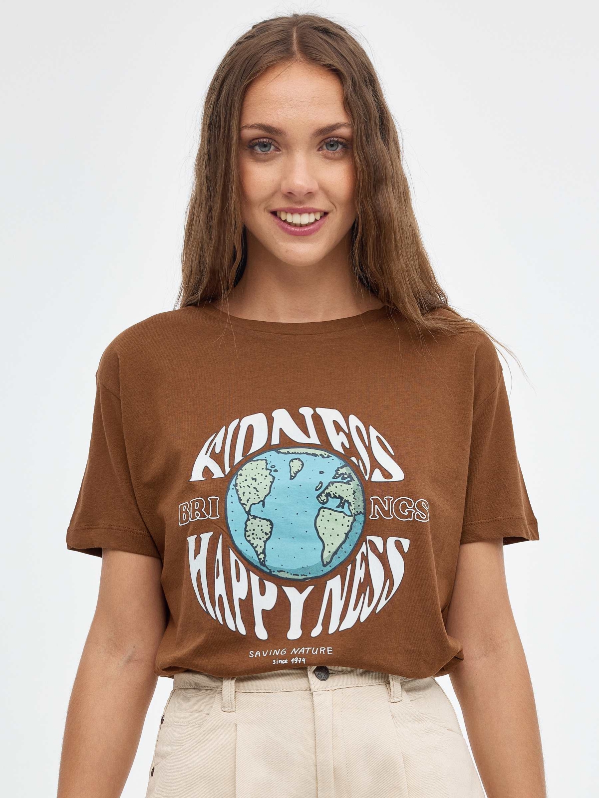 Happyness oversized T-shirt dark brown middle front view