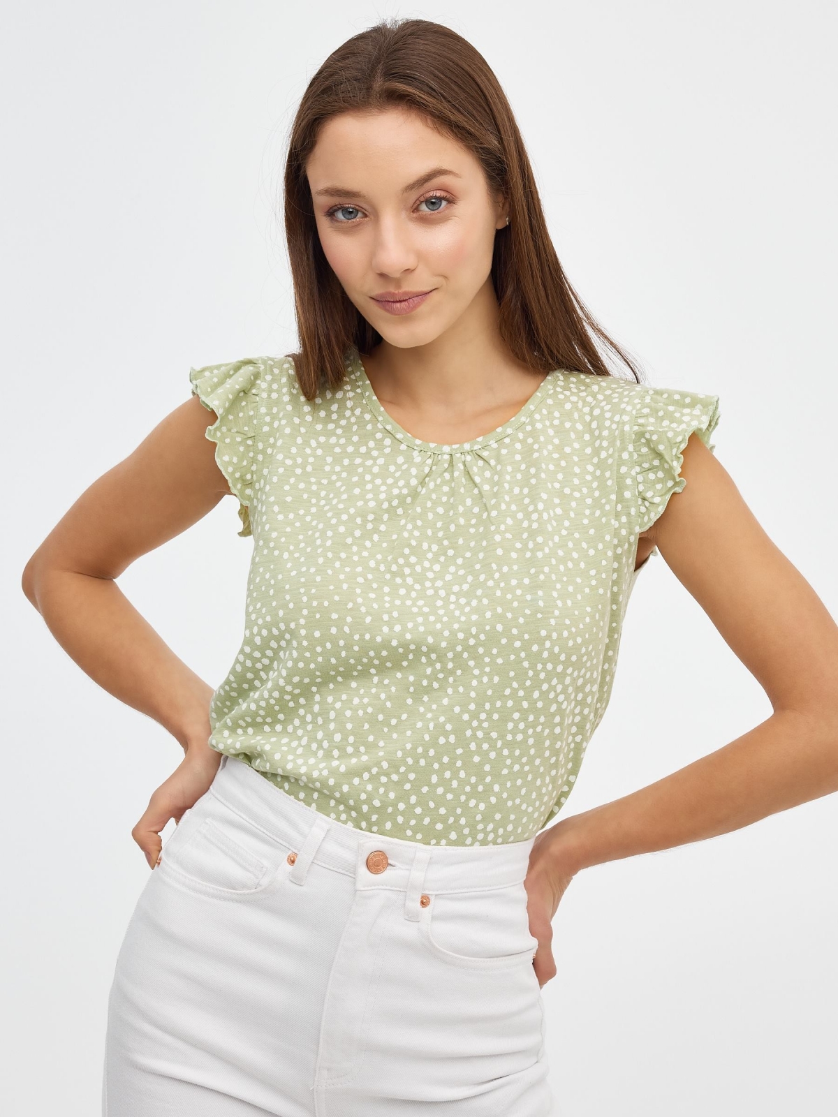 T-shirt de impressão Polka dot verde vista meia frontal
