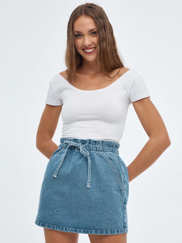Denim skirt with elastic waistband blue middle front view