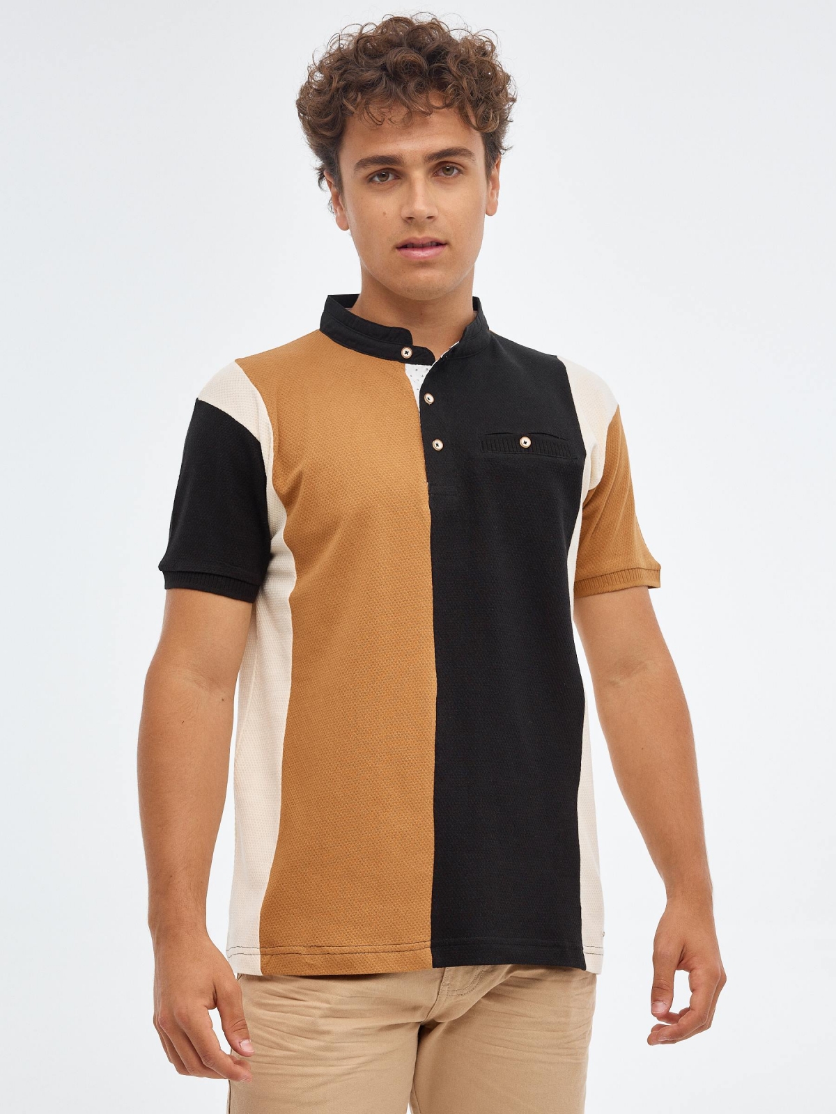 Polo shirt mao colour block black middle front view