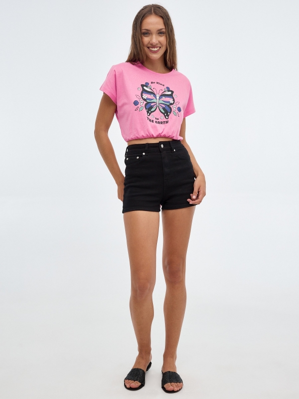 Crop T-shirt with lacing pink front view