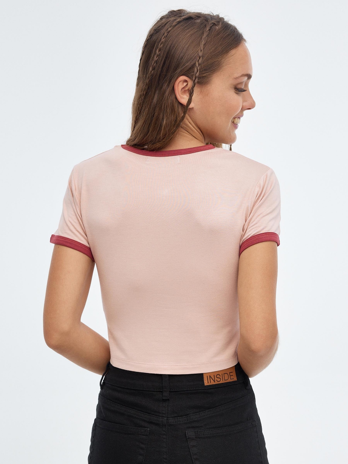 Embroidered crop top mauve middle back view