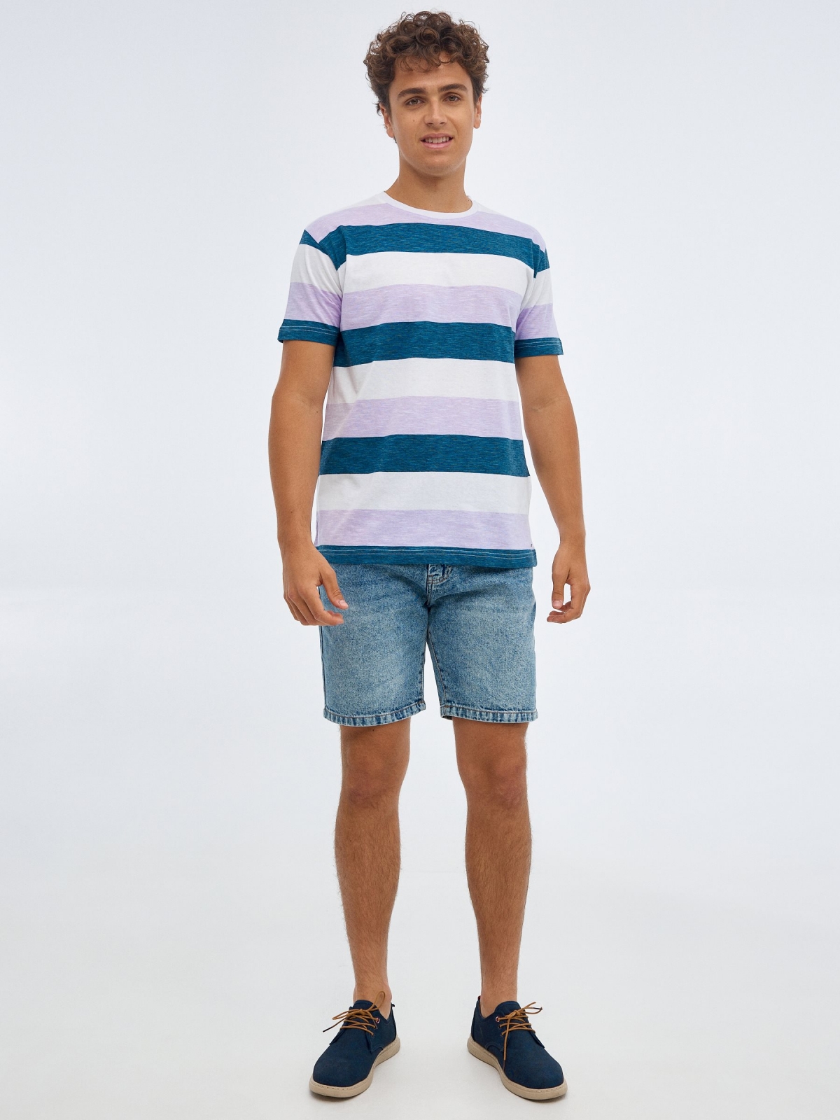Tricolour striped T-shirt mauve front view