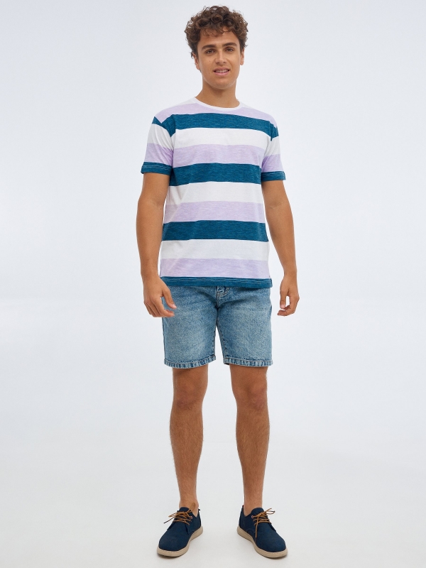 Tricolour striped T-shirt mauve front view