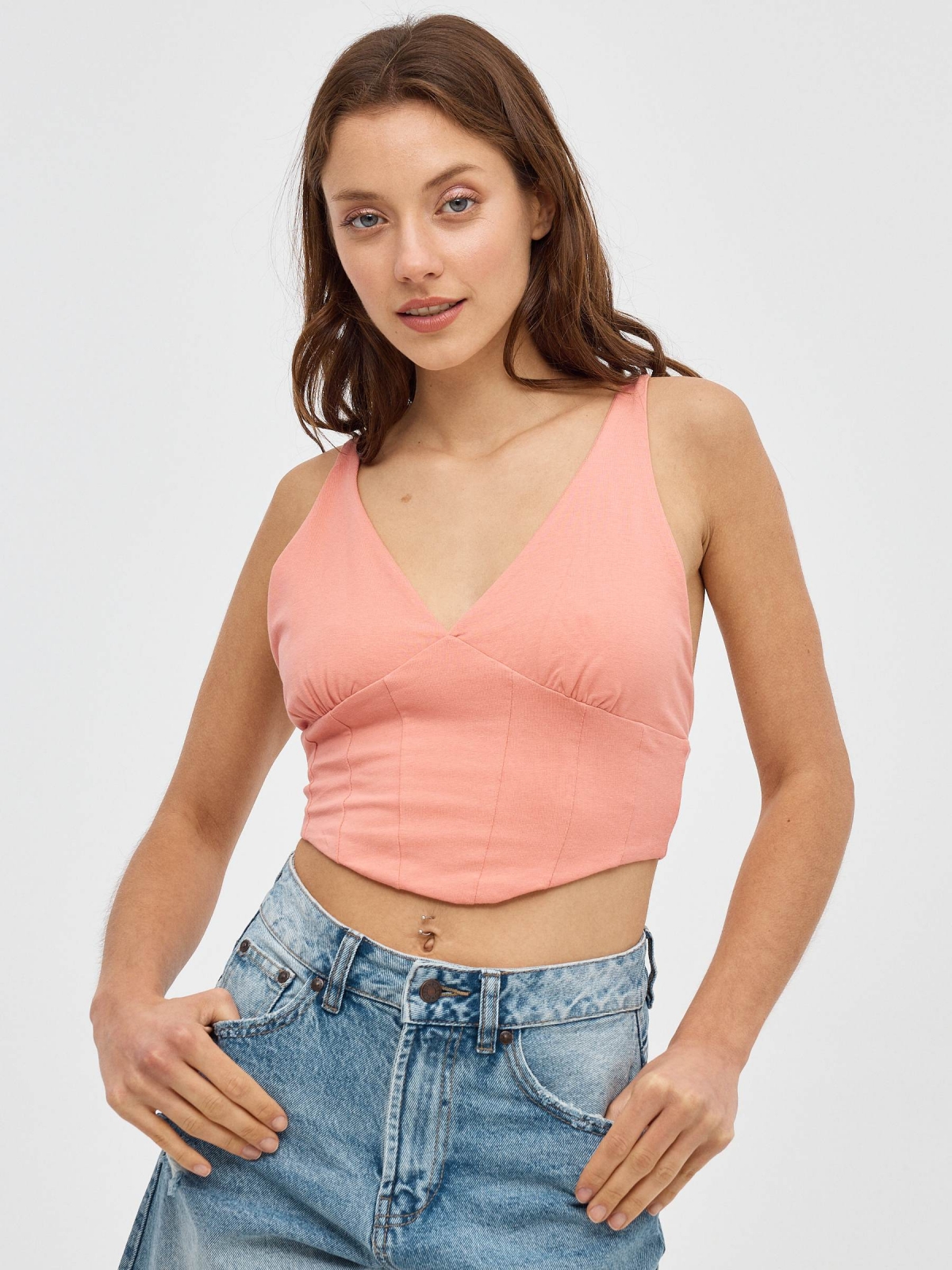 Corset style crop top salmon middle front view