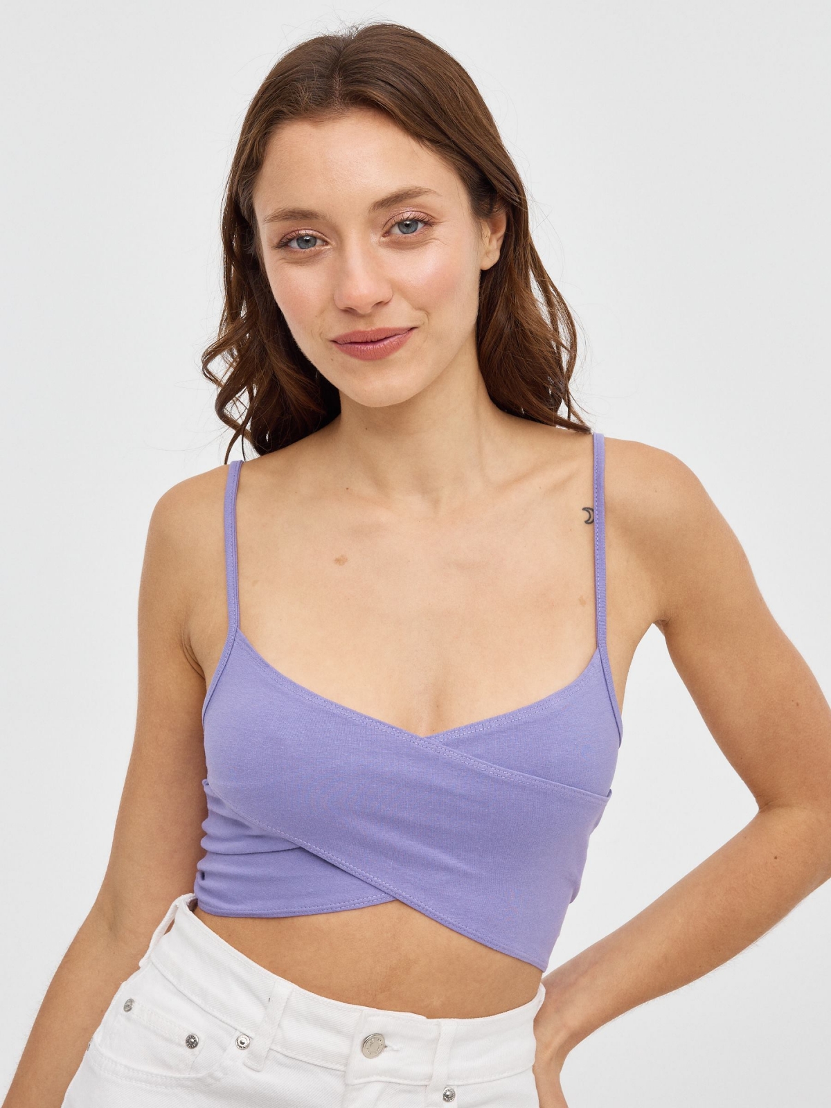 Slim fit crossover crop top lilac middle front view