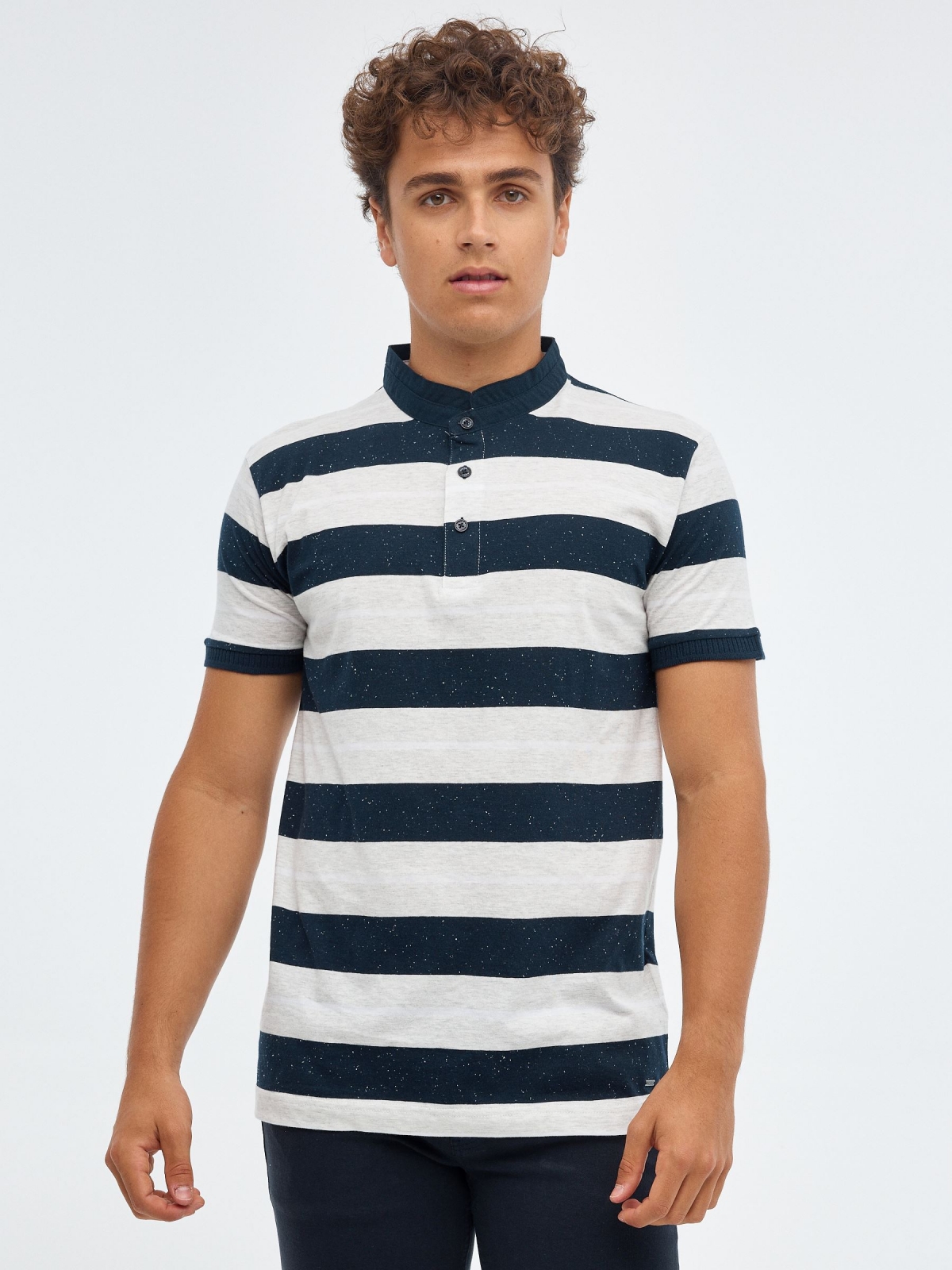 Mao woven striped polo shirt navy middle front view