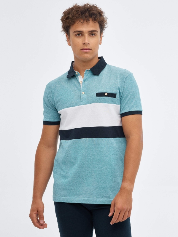 Tricolor polo shirt emerald middle front view