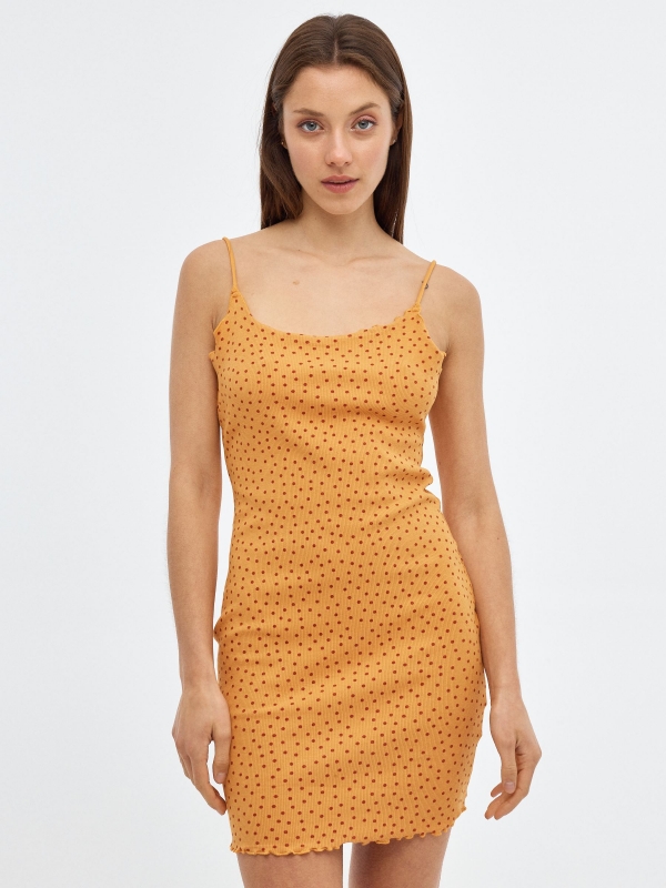 Dotted mini print dress with curl ochre middle front view