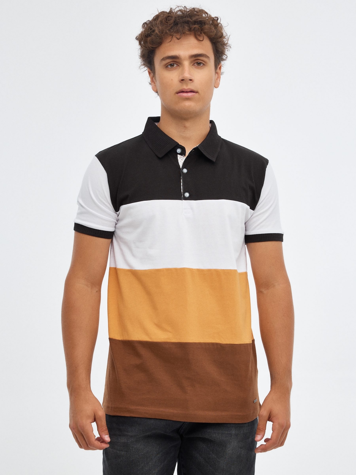 Striped polo shirt with buttons dark brown middle front view