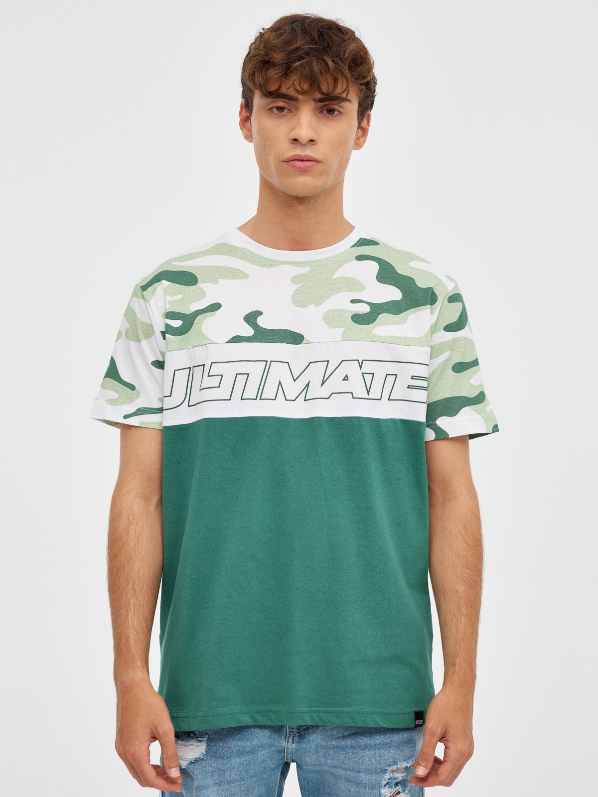Multi-print T-shirt green middle front view