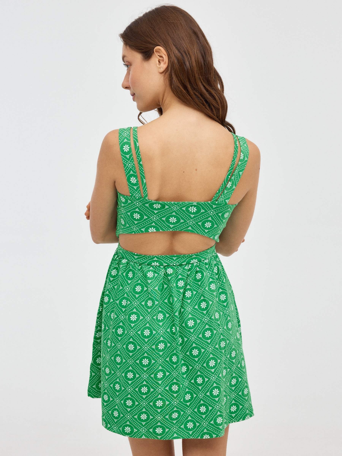 Open back mini flared dress green middle back view