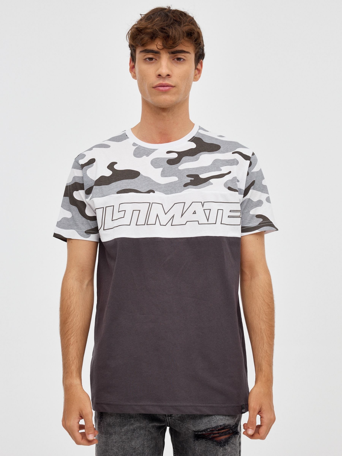 Multi-print T-shirt dark grey middle front view