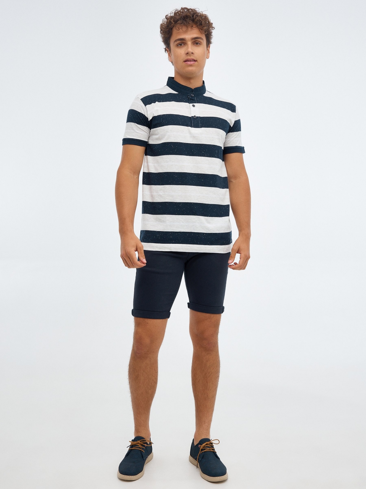 Mao woven striped polo shirt navy front view