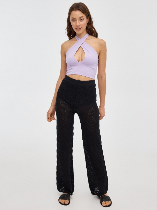 Knitted halter crop top mauve front view