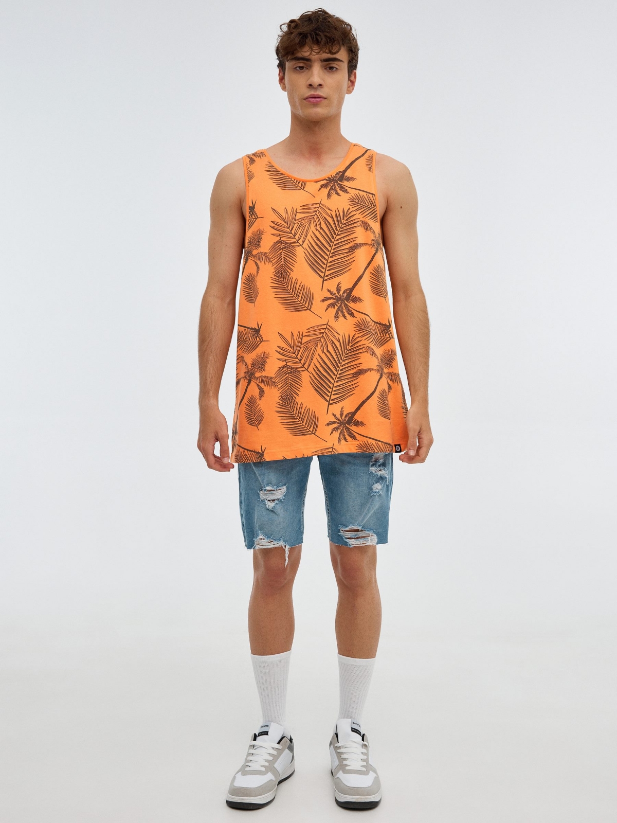 Palm leaves tank top salmon front view
