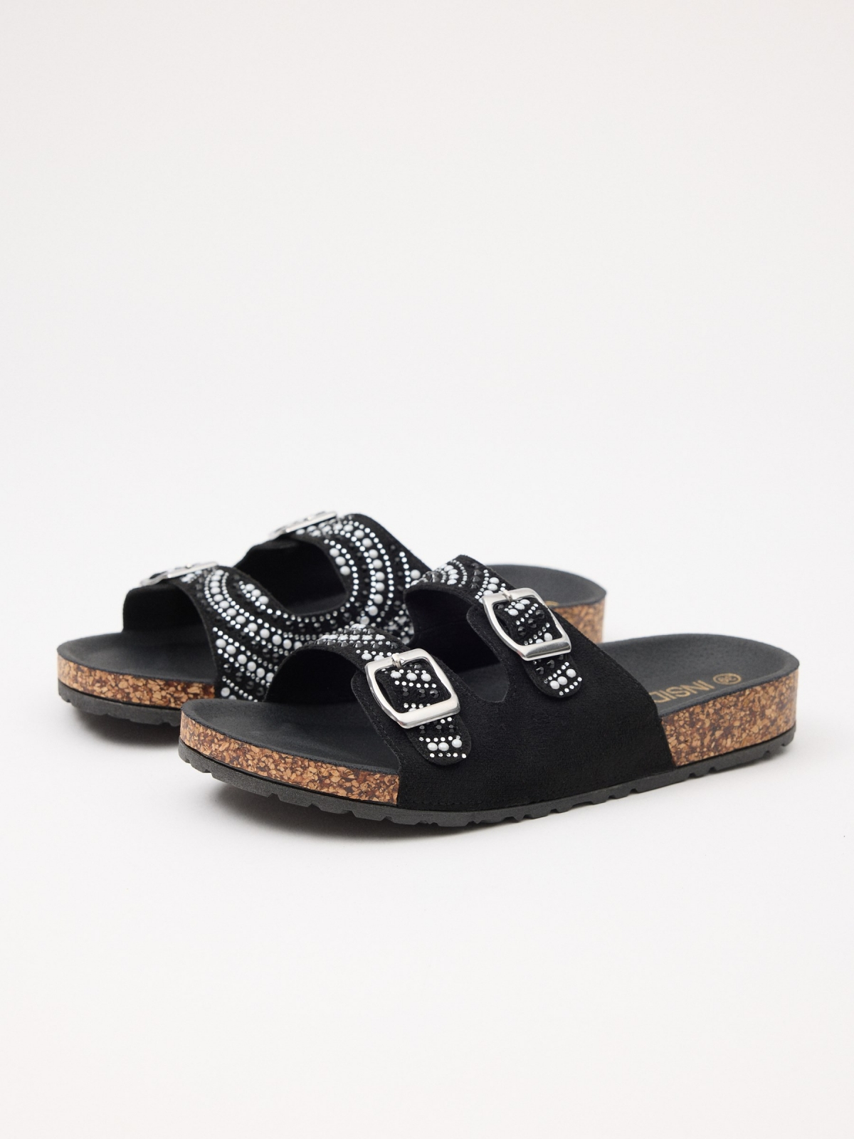 Studded buckle sandals black 45º front view