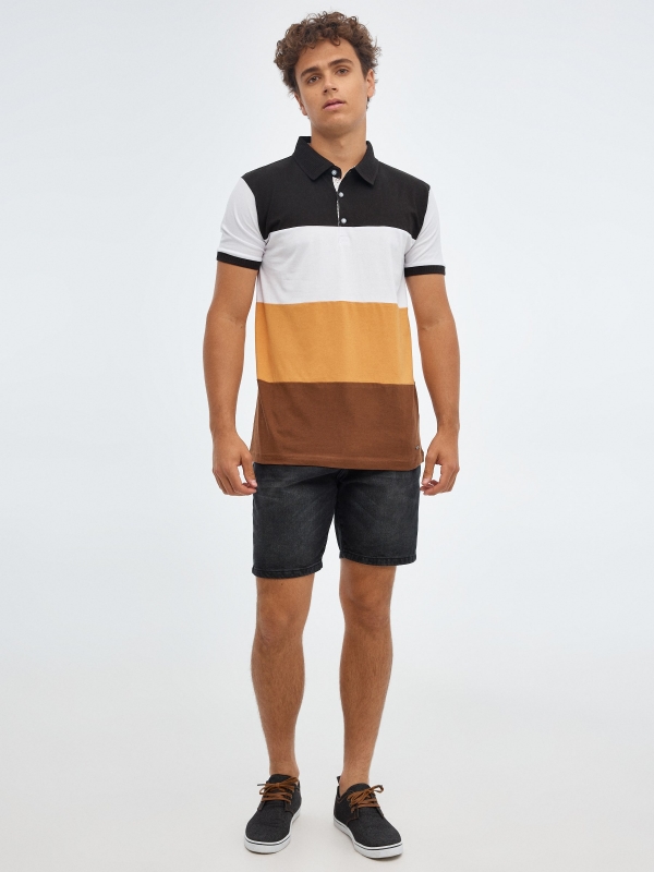Striped polo shirt with buttons dark brown front view