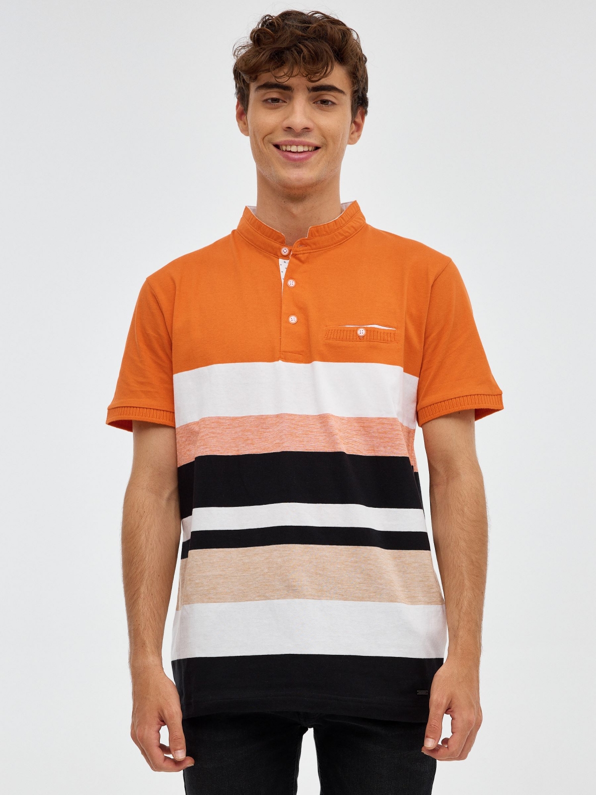 Striped mao polo shirt orange middle front view