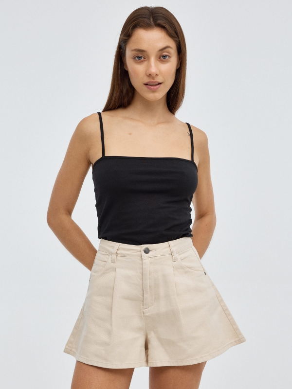 Flared twill shorts sand middle front view