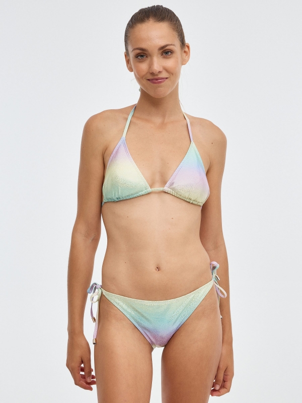 Braguita bikini triangular con brillo multicolor vista media frontal