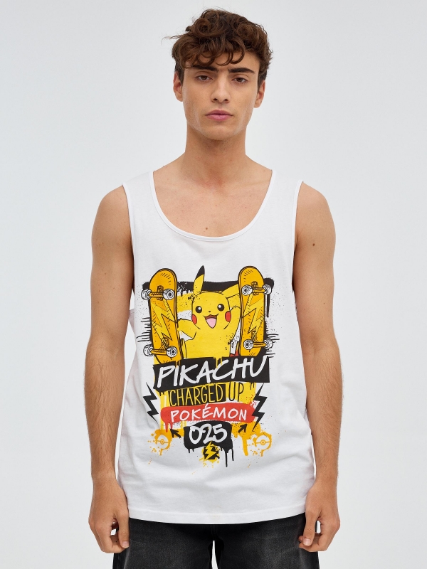 T-shirt do tanque de Pikachu branco vista meia frontal
