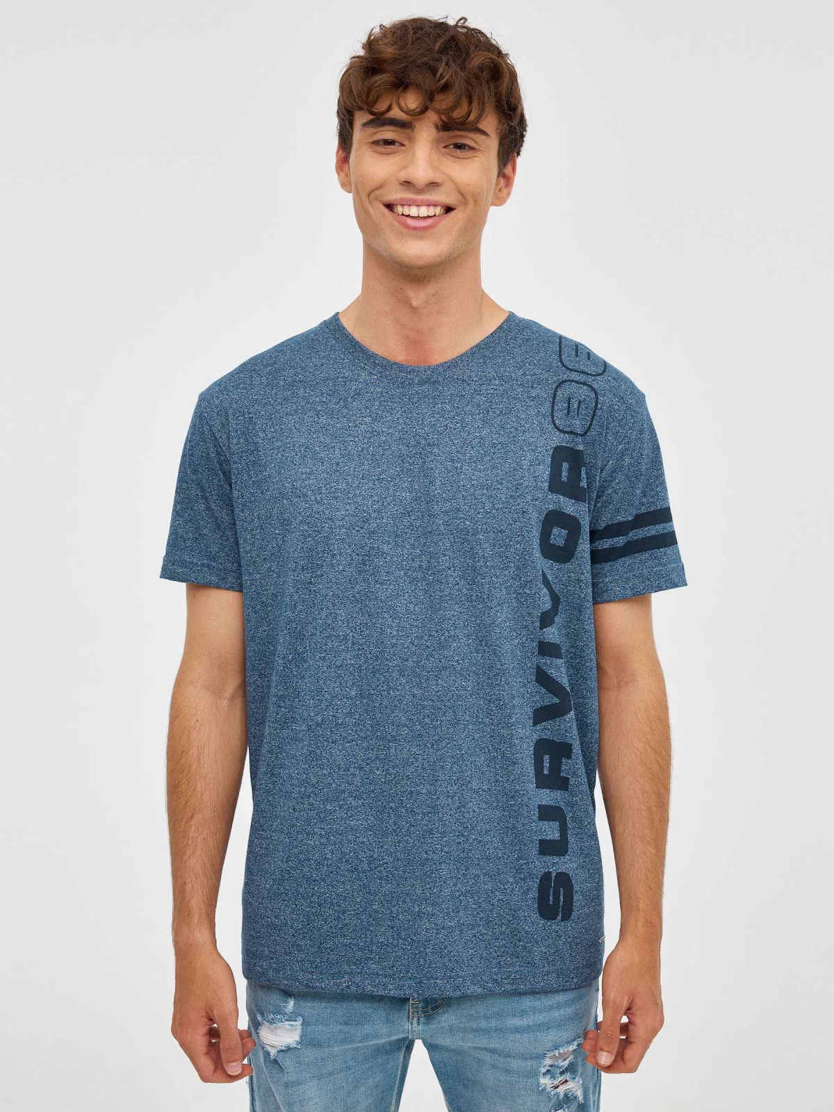 T-shirt Survivor azul vista meia frontal