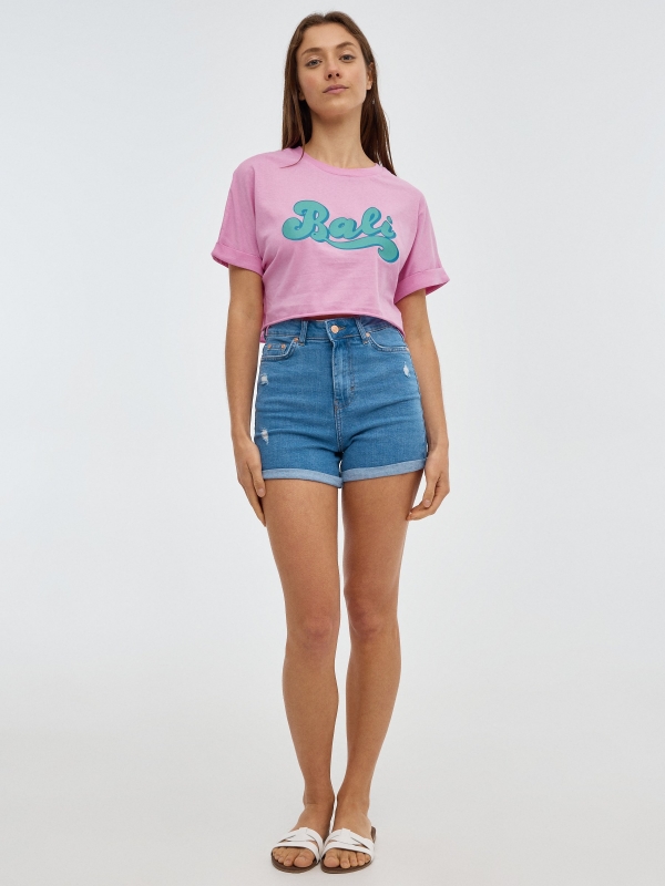 T-shirt crop Bali rosa vista geral frontal