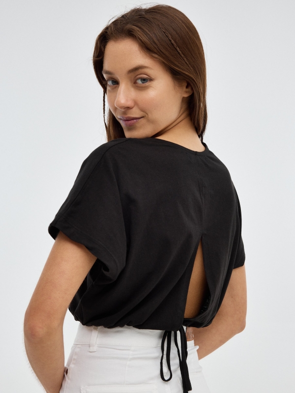 Crop T-shirt with lacing black middle back view
