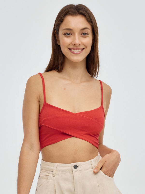 Slim fit crossover crop top red middle front view