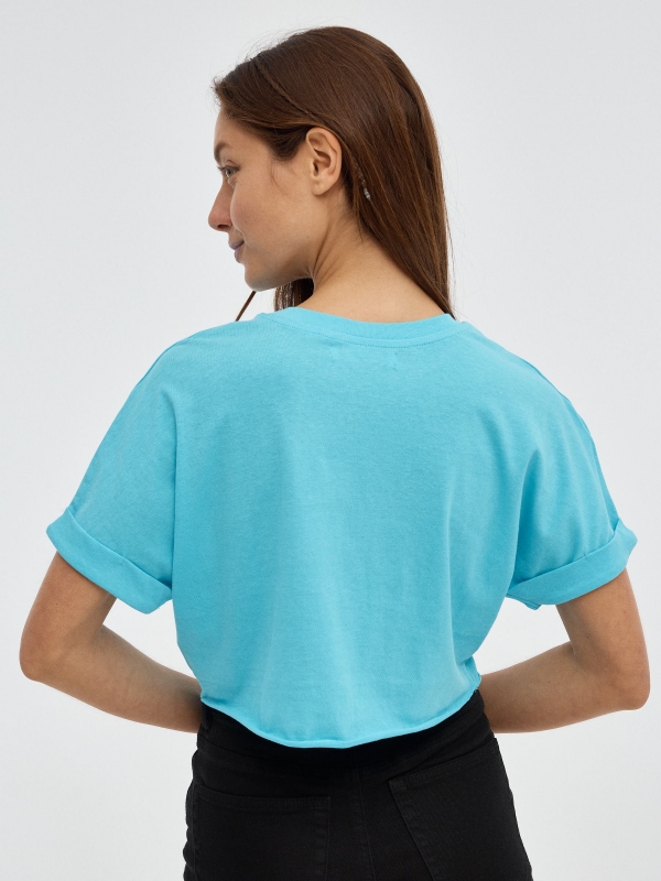 T-shirt crop Bali azul vista meia traseira