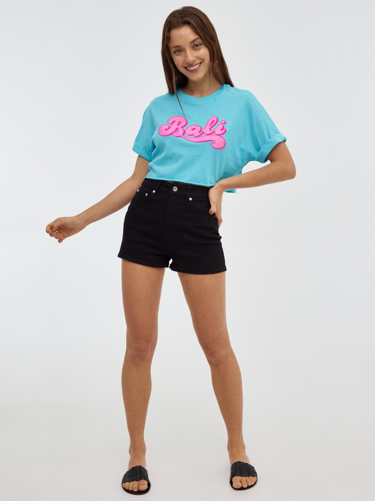 T-shirt crop Bali azul vista geral frontal