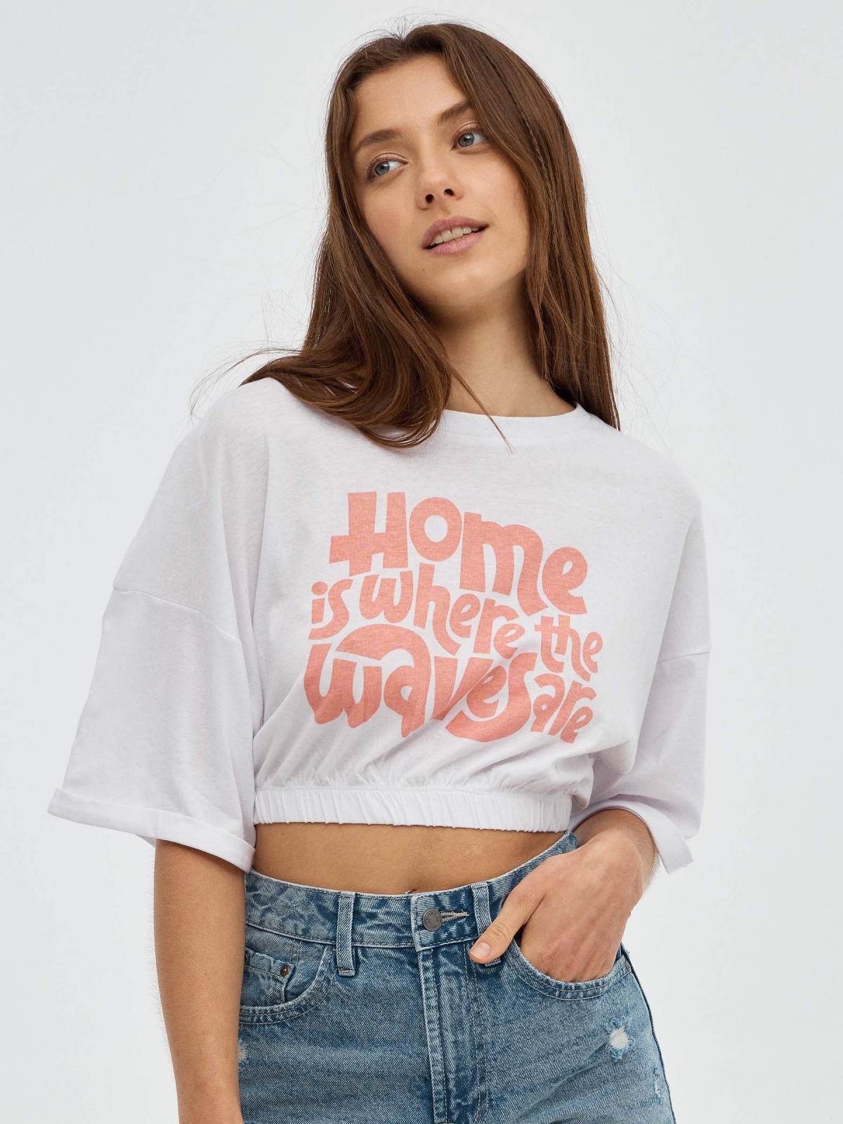 Crop printed T-shirt with elastic bands white middle front view