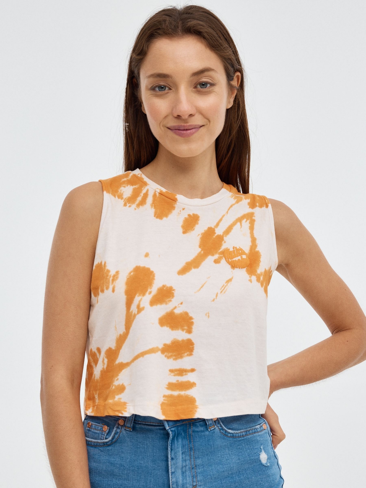 Camiseta sin mangas Tie&dye naranja caldera vista media frontal