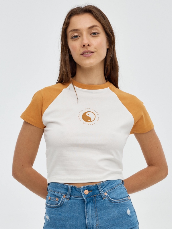 Contrast print t-shirt ochre middle front view
