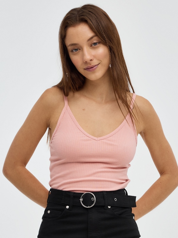 V-neck rib top light pink middle front view