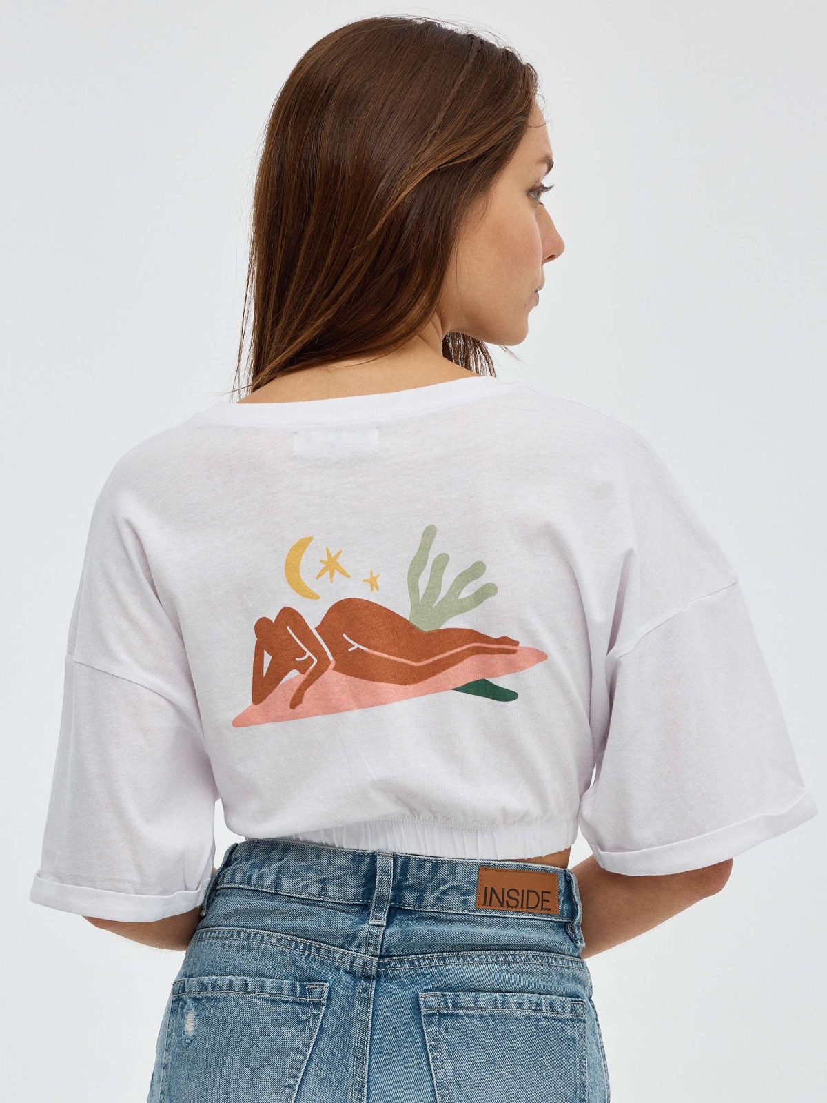 Crop printed T-shirt with elastic bands white middle back view