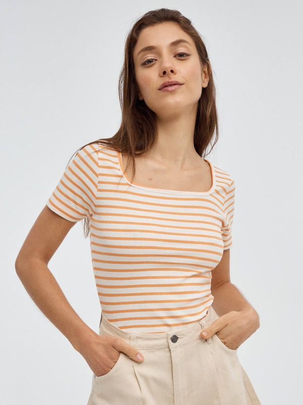 Casual striped crop top orange middle front view