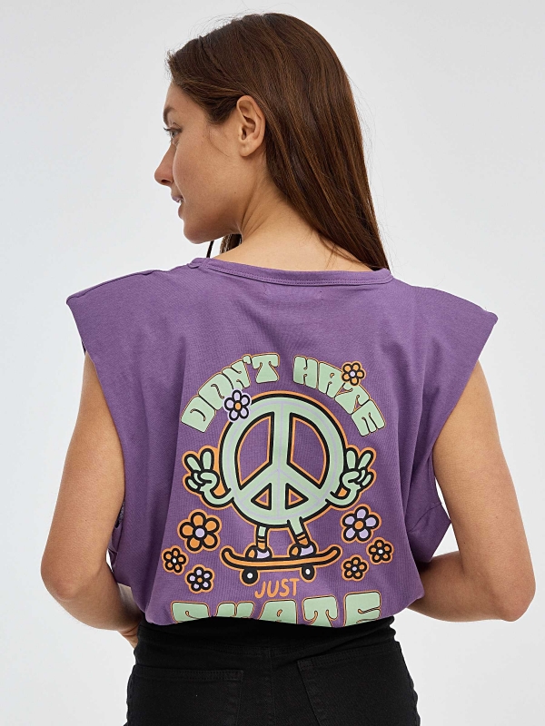 Print T-shirt with shoulder pads aubergine middle back view