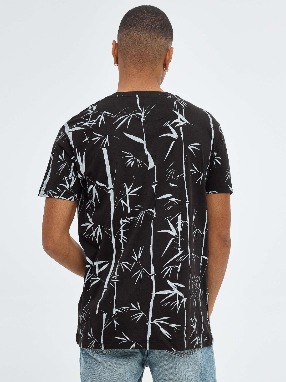 Bamboo print T-shirt black middle back view
