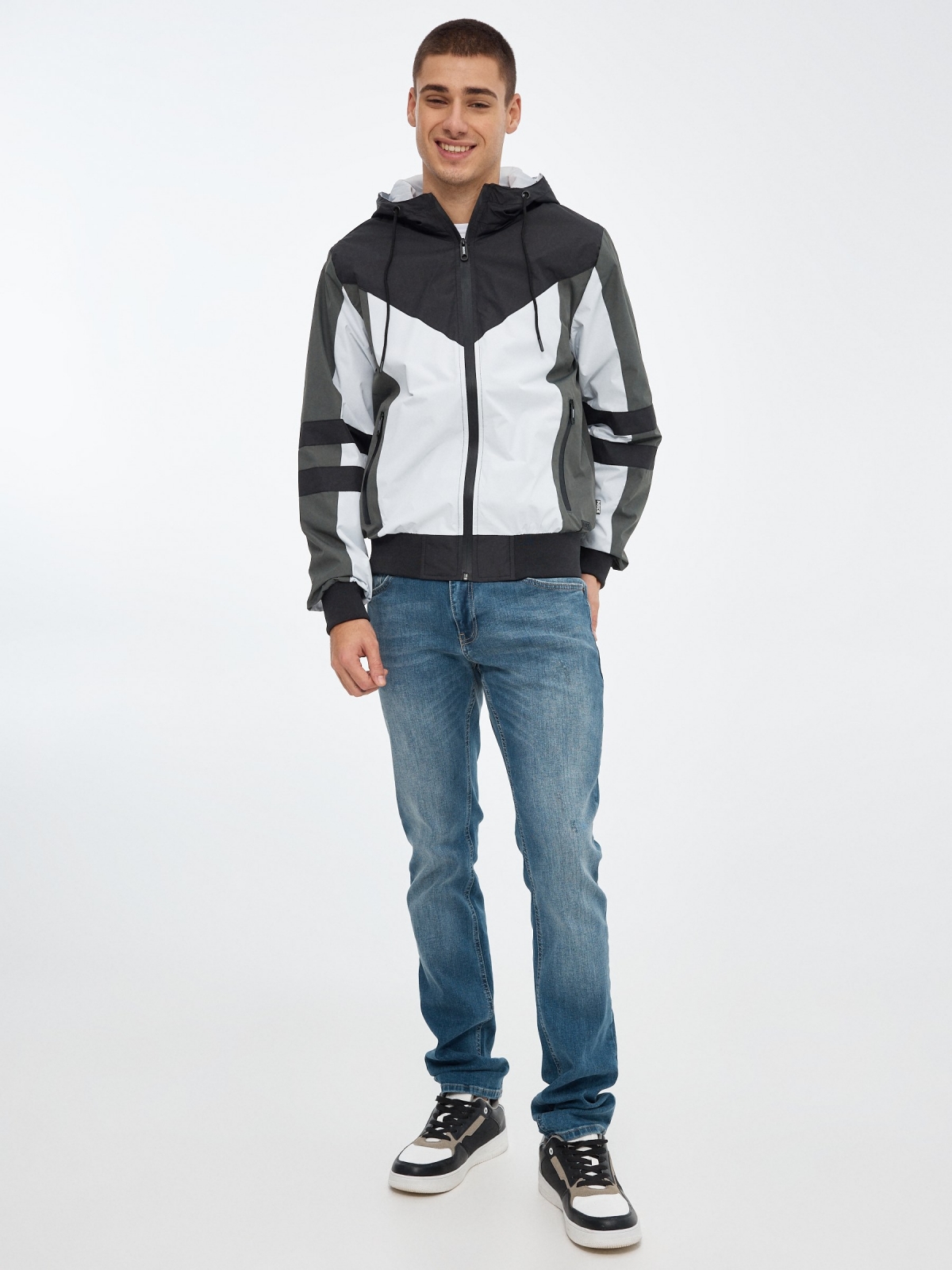 Lightweight hooded jacket black front view