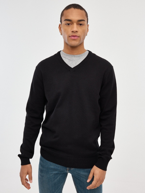 Basic Navy Blue Sweater black middle front view