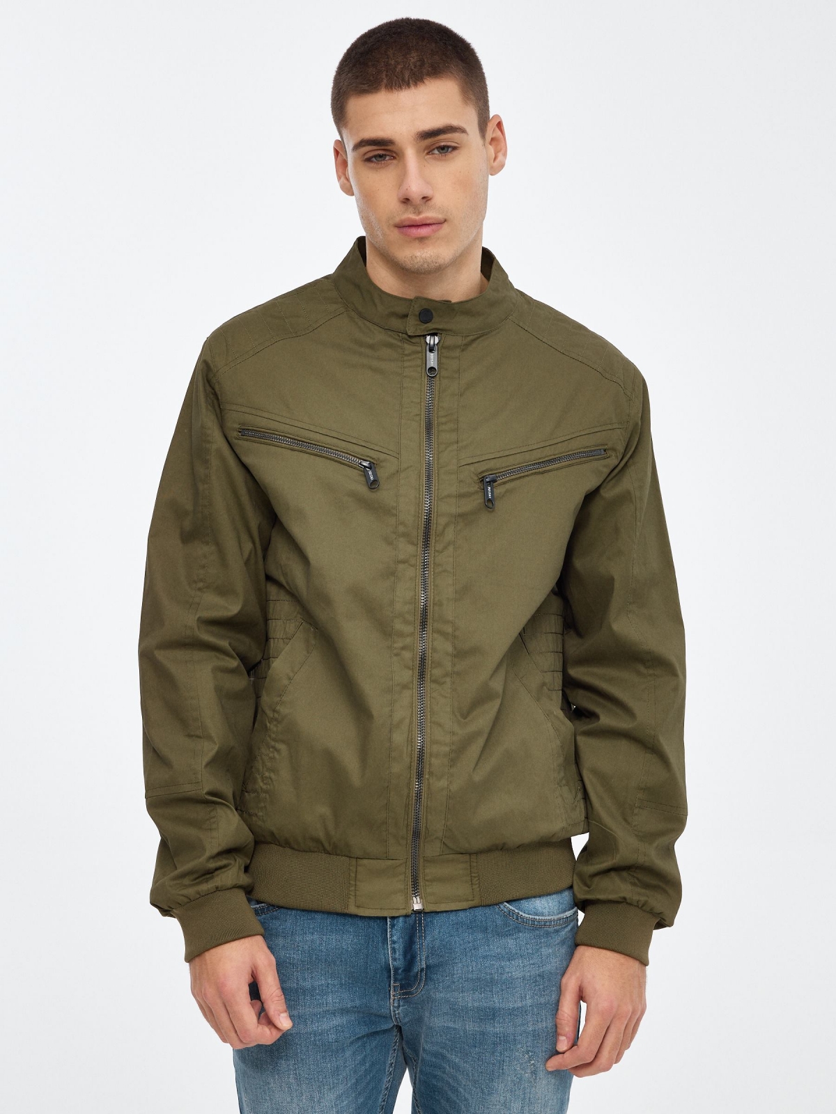 Black nylon jacket green middle front view