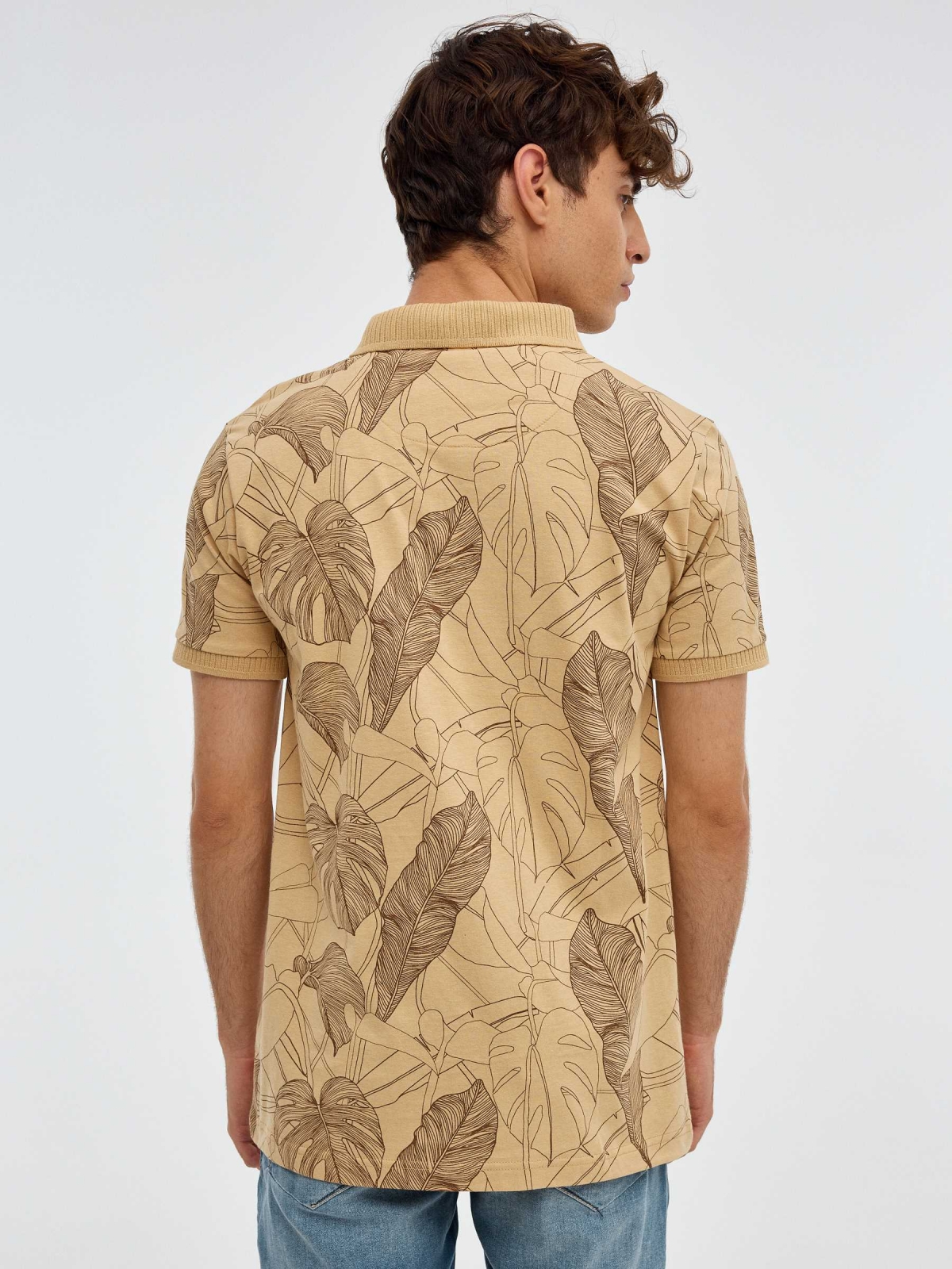 Floral print polo shirt earth brown middle back view