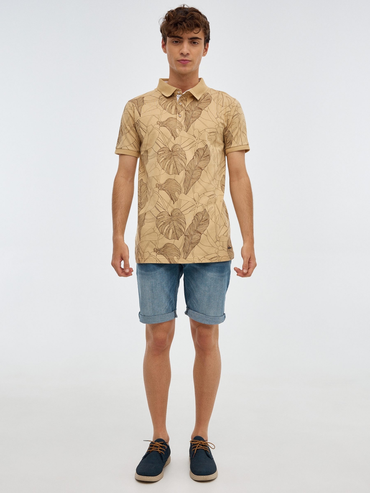 Floral print polo shirt earth brown front view