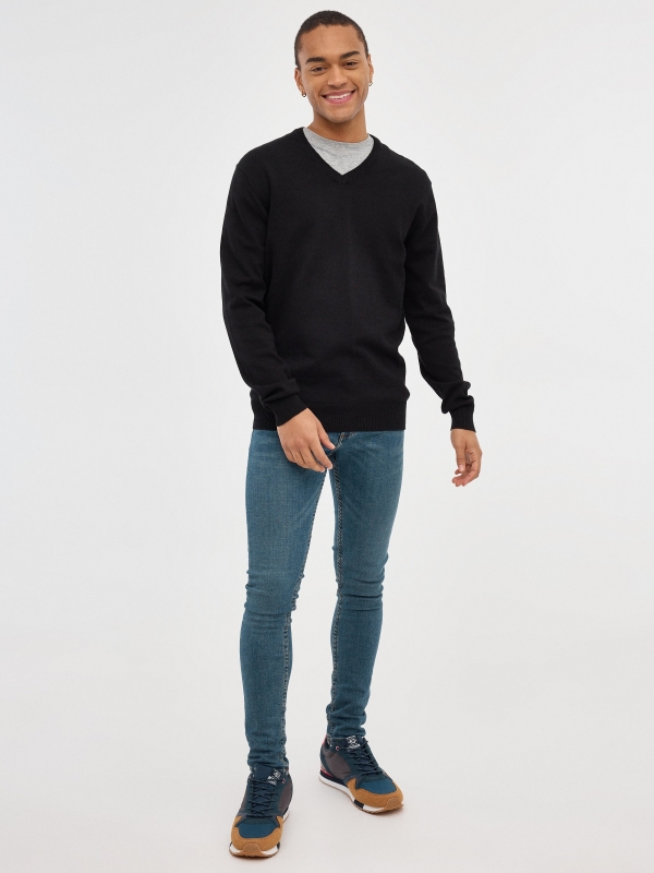 Basic Navy Blue Sweater black front view