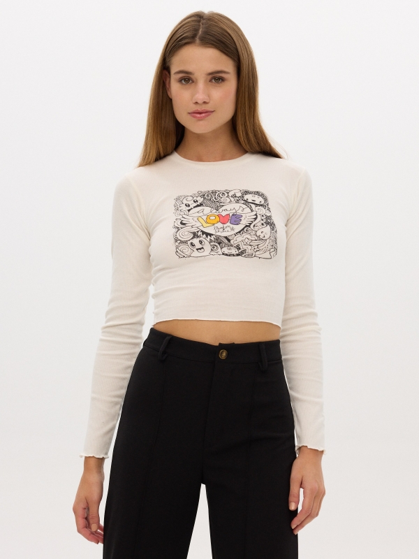 Crop LOVE T-shirt off white middle front view