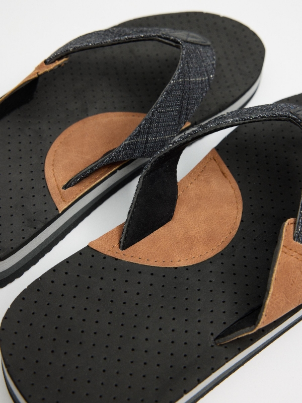 Combined fabric toe flip flops black detail view
